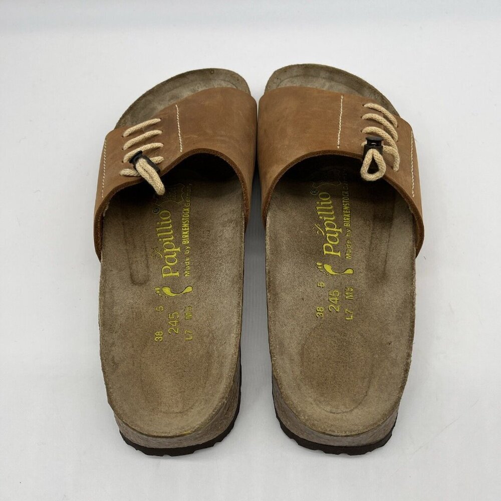 Vtg Birkenstock Papillio Leather Laced Wide Band Slides Womens 7 (38) Brown - Picture 9 of 11